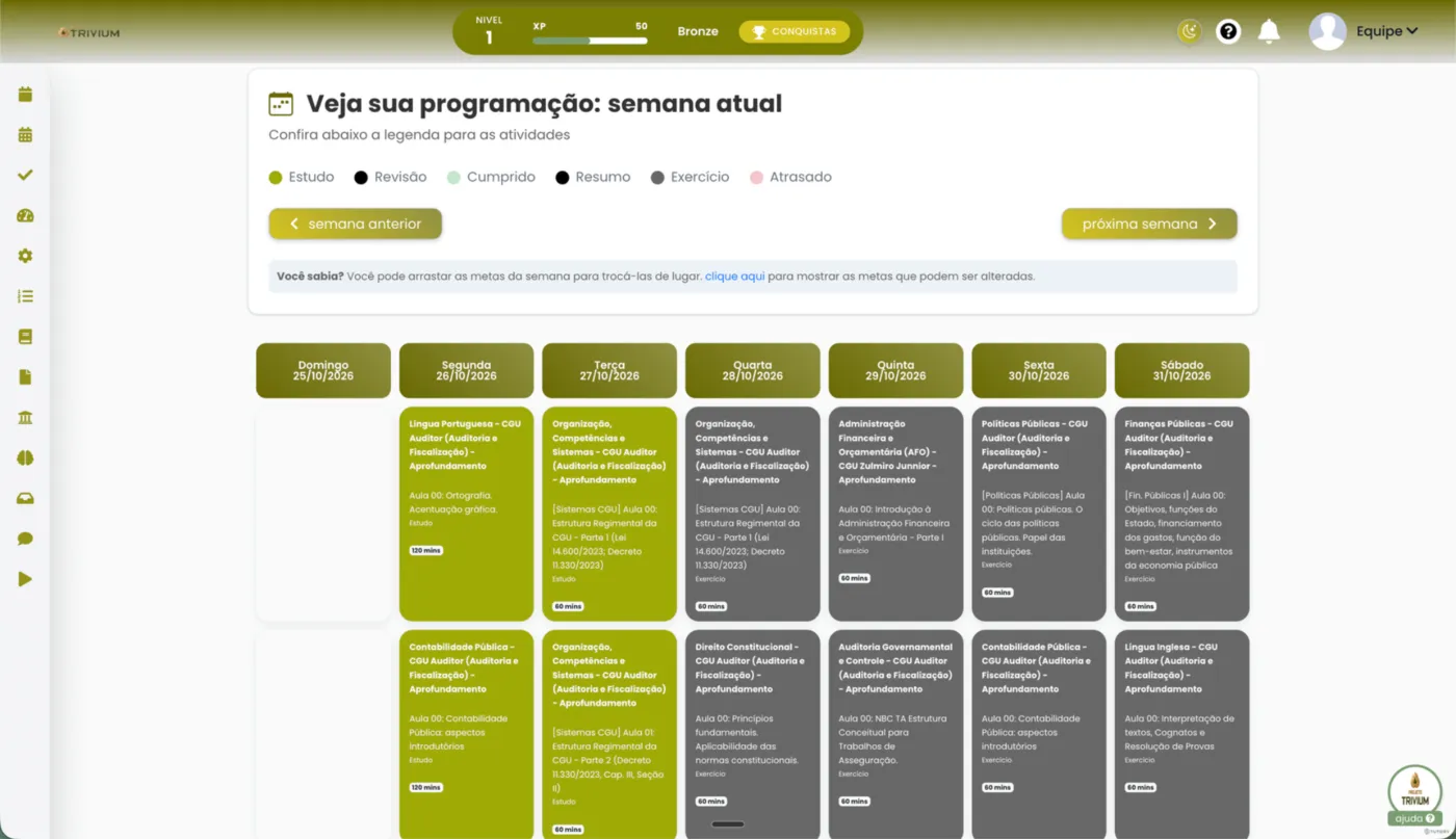 A programação semanal deixa claro o que foi planejado.